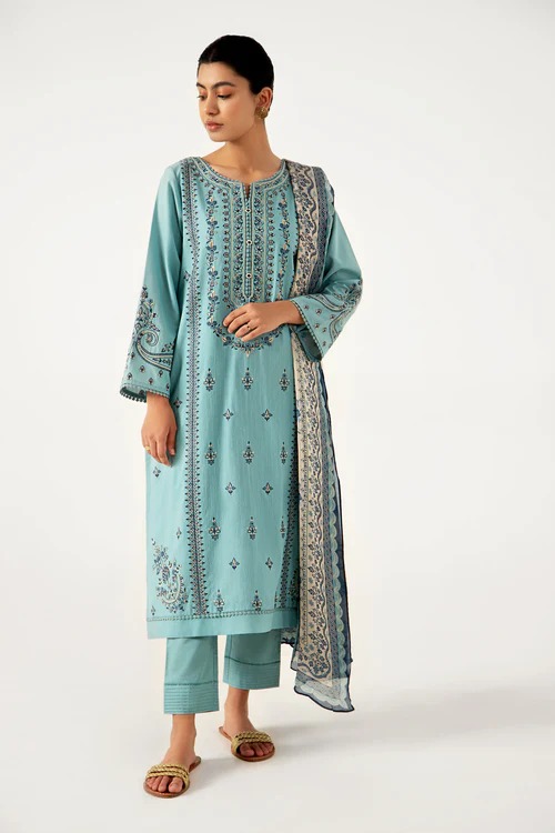 Stitched 3 Piece Dyed Doria Lawn with Tissue Silk Suit